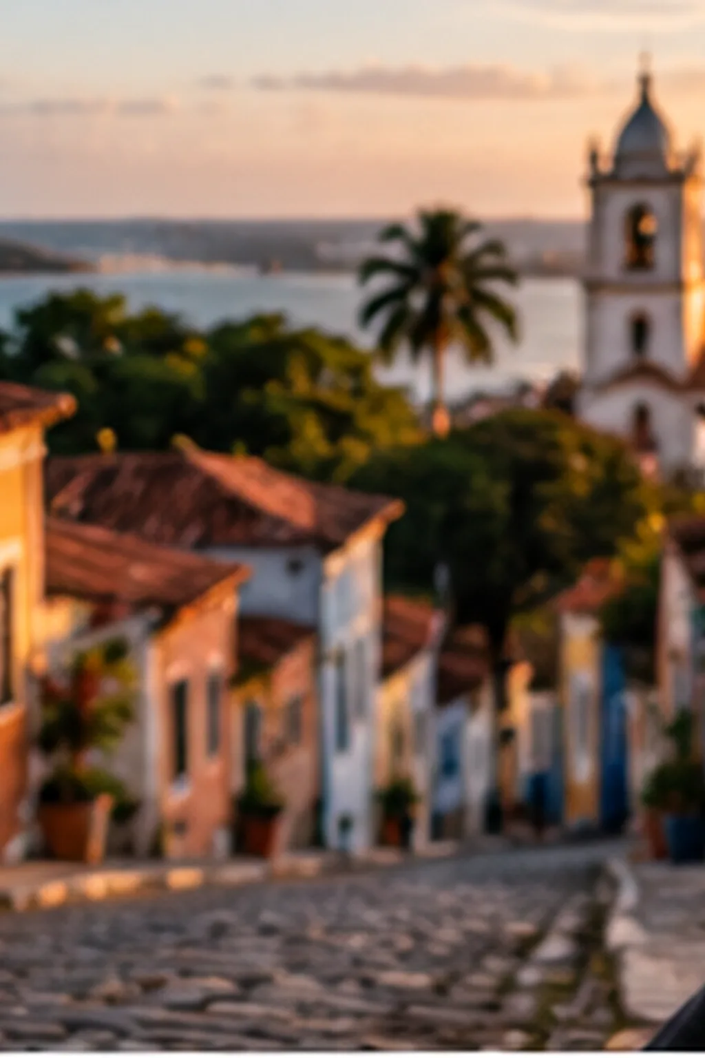 Ilustração: ladeira de pedra com casas coloridas e uma igreja no alto, com o mar ao fundo.