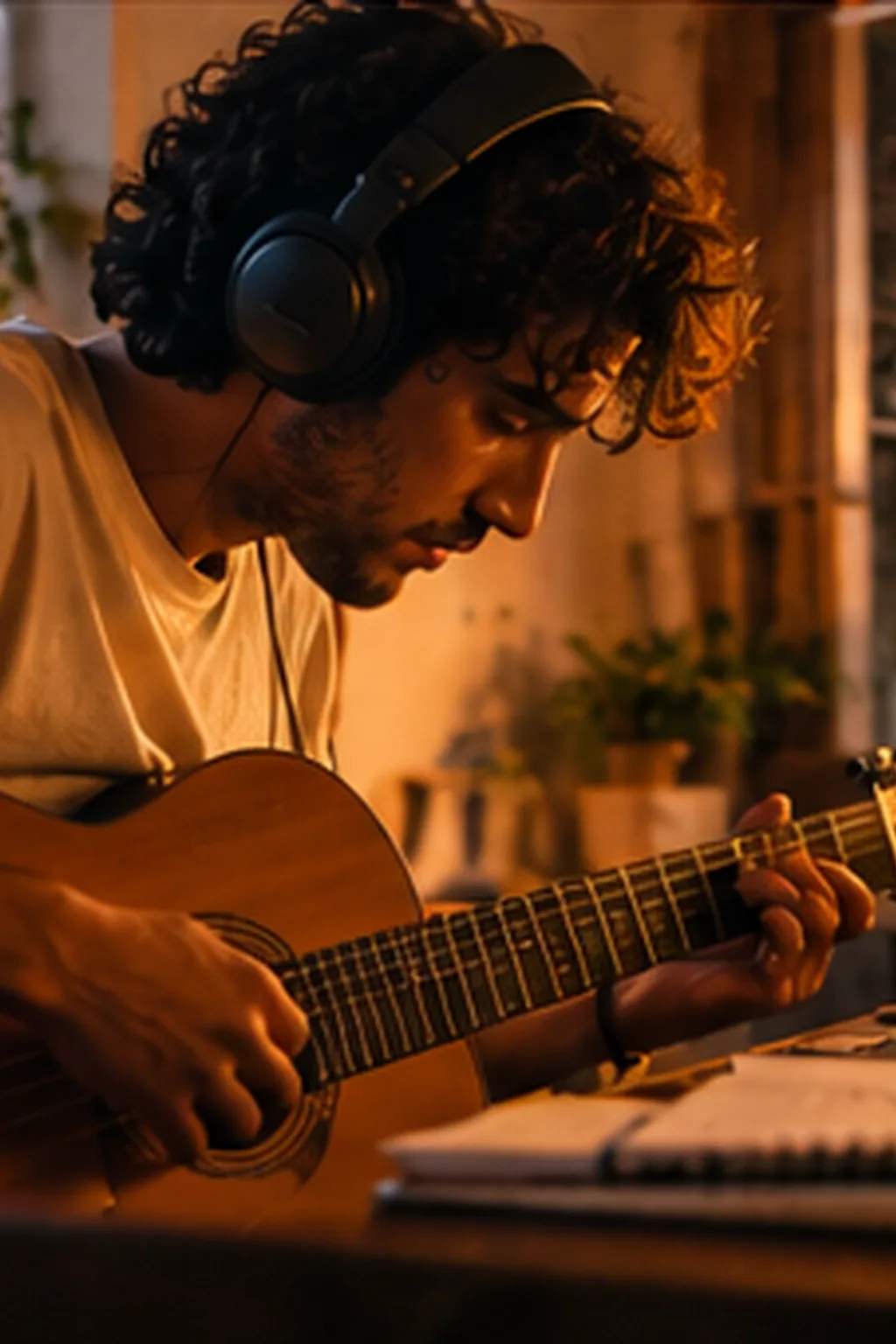 Ilustração: um músico de fones toca violão em casa, sob luz quente.