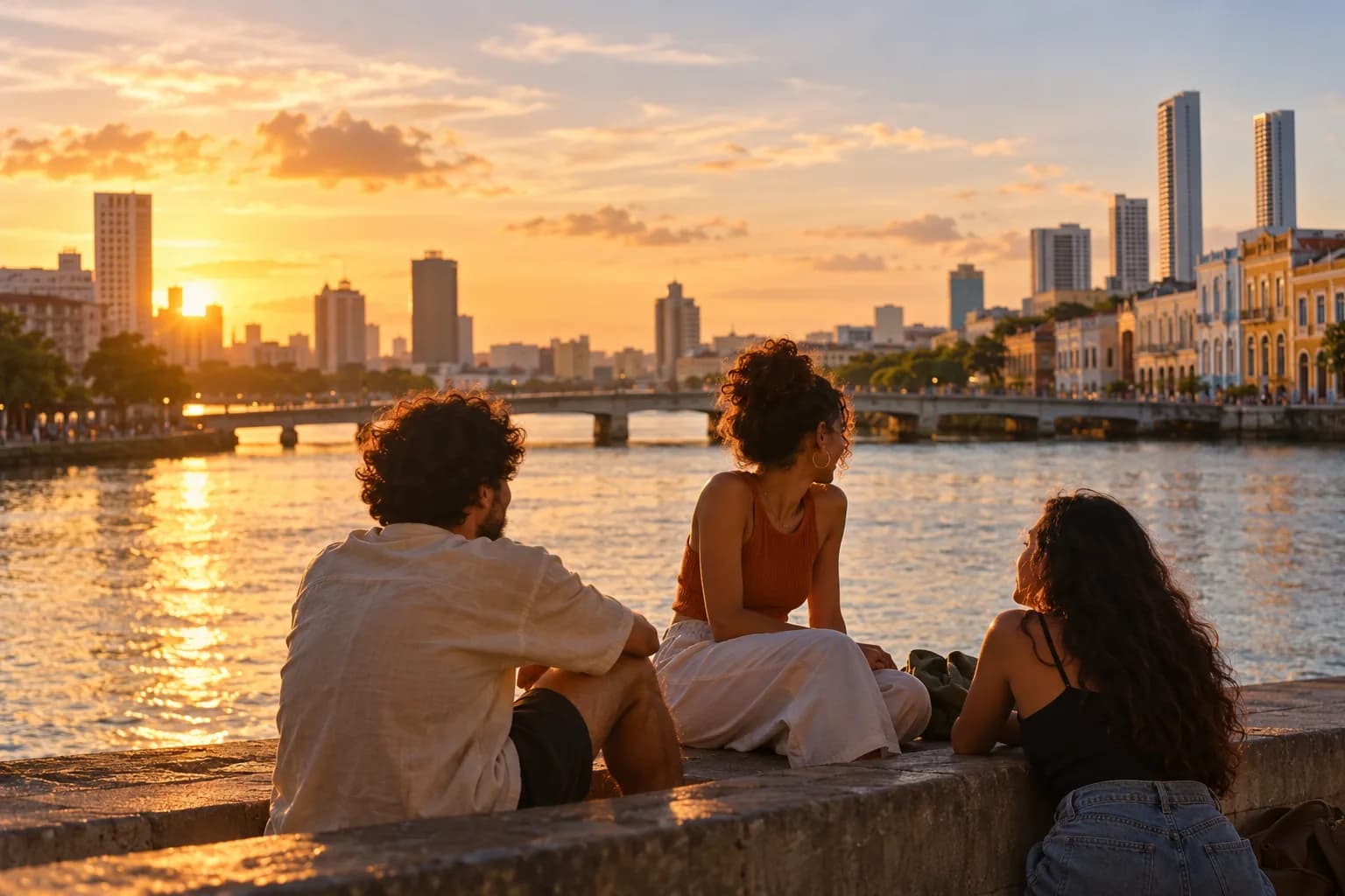 Ilustração: três amigos conversam sentados numa mureta à beira de um rio, no fim da tarde, com uma ponte baixa, casarões coloridos e prédios ao fundo.